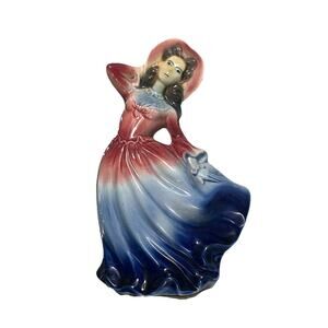 Royal Copley Scarlett O’Hara Victorian Lady 8” Figurine Vintage Red Blue Hat
